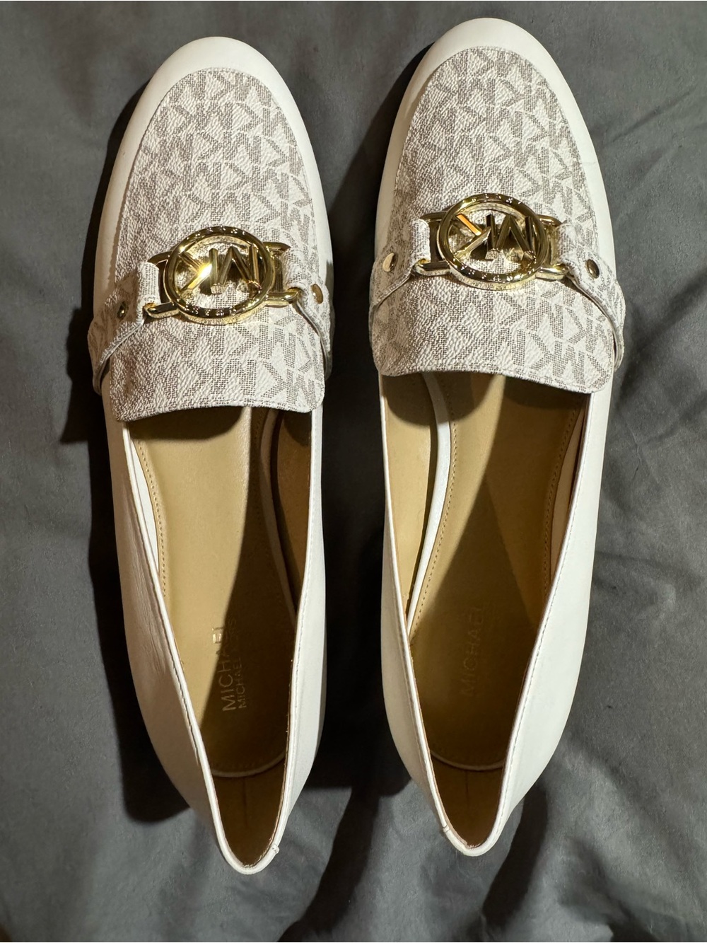 Michael Kors White & Beige Logo Loafers with Gold MK Hardware